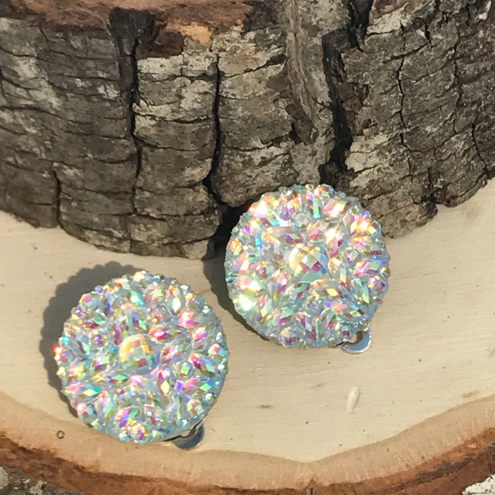 Iridescent Circle Stud Clip On Earrings - Picture 4 of 5